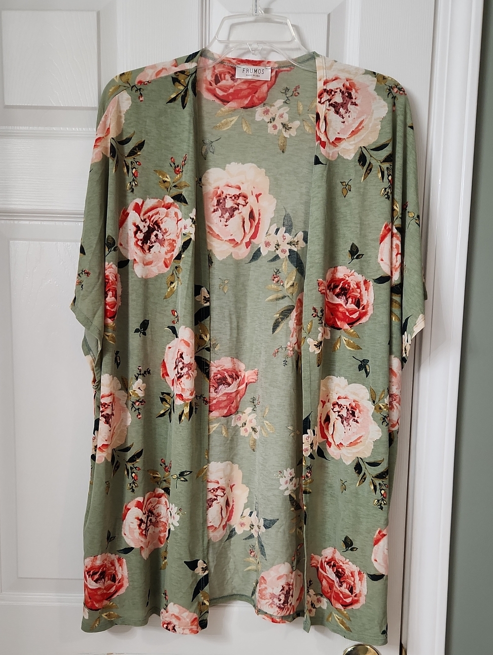 Frumos Sage Floral Open-Front Kimono Cardigan with Pink Rose Print